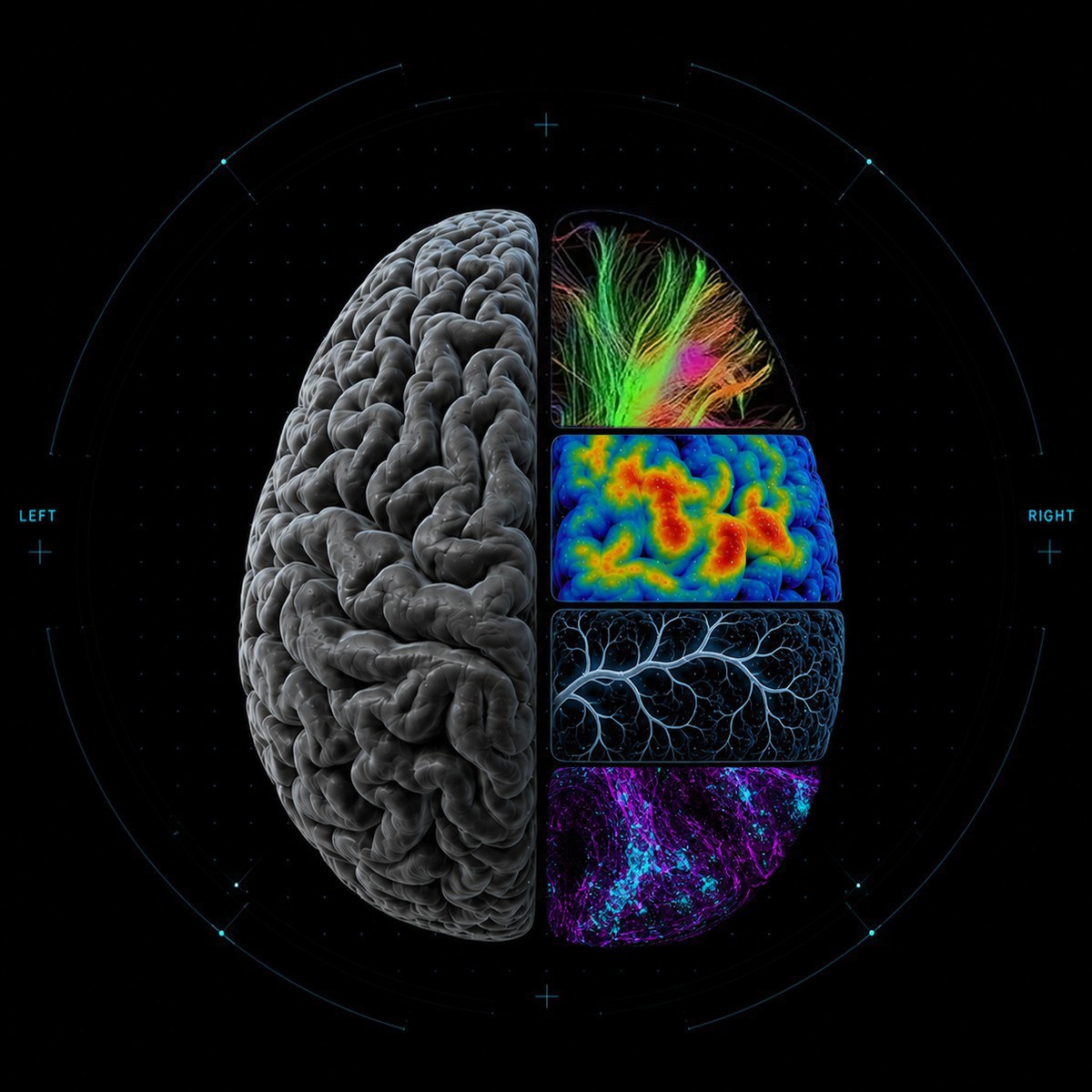 Human brain viewed from above. The left hemisphere is shown as anatomy; the right is divided into four bands showing white-matter tractography, a functional heat map, cleared vasculature, and fluorescence-labelled cells. Annotated left and right.